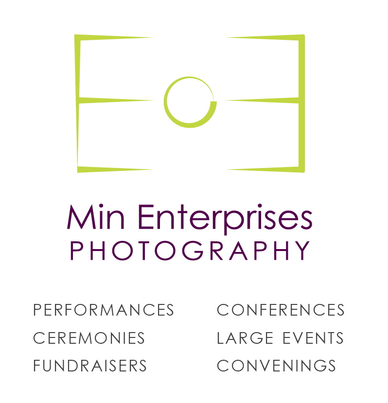A photo of the Min Enterprises Photography logo. Underneath is text that explains what kinds of events they work at. The text reads, "Performances, Conferences, Ceremonies, Large Events, Fundraisers, Convenings."