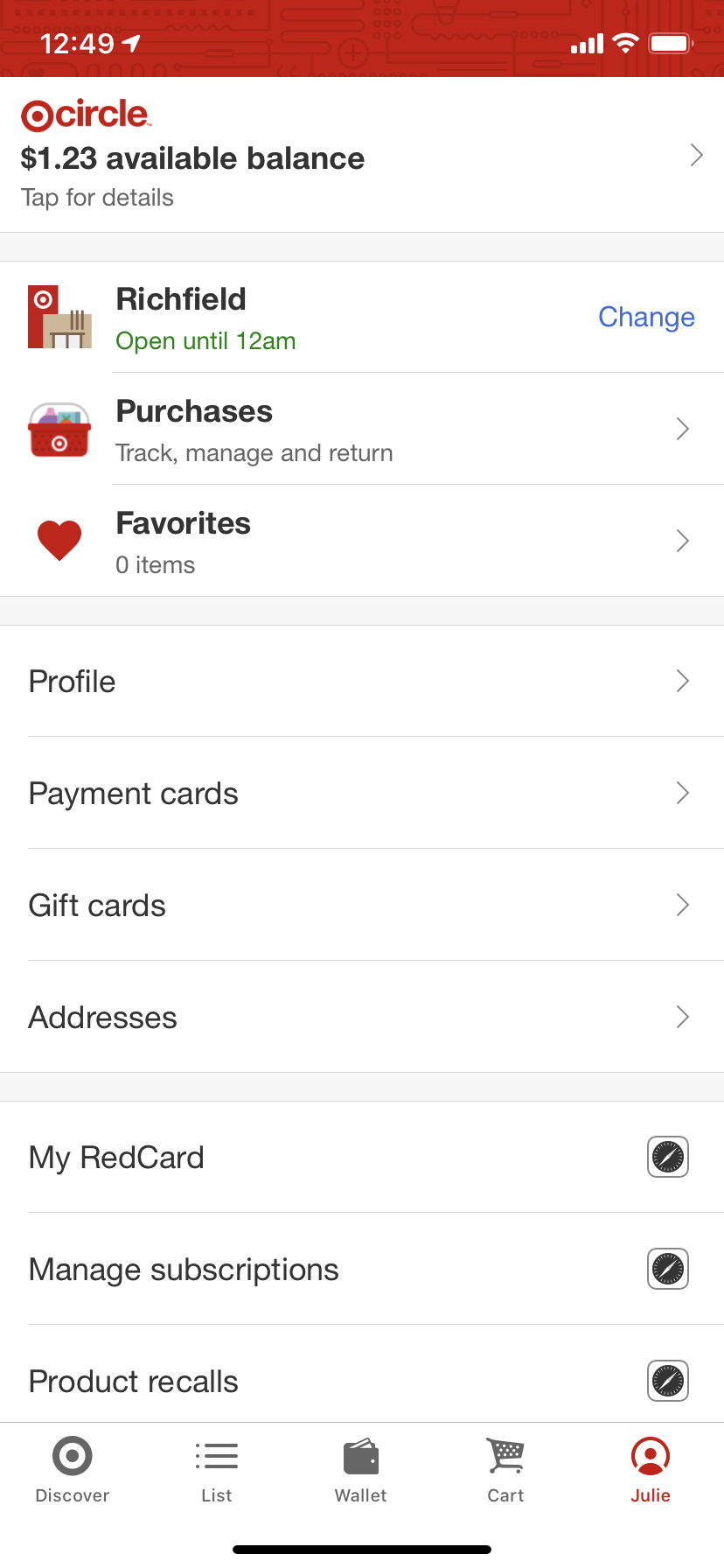 Screenshot of Target App profile on phone