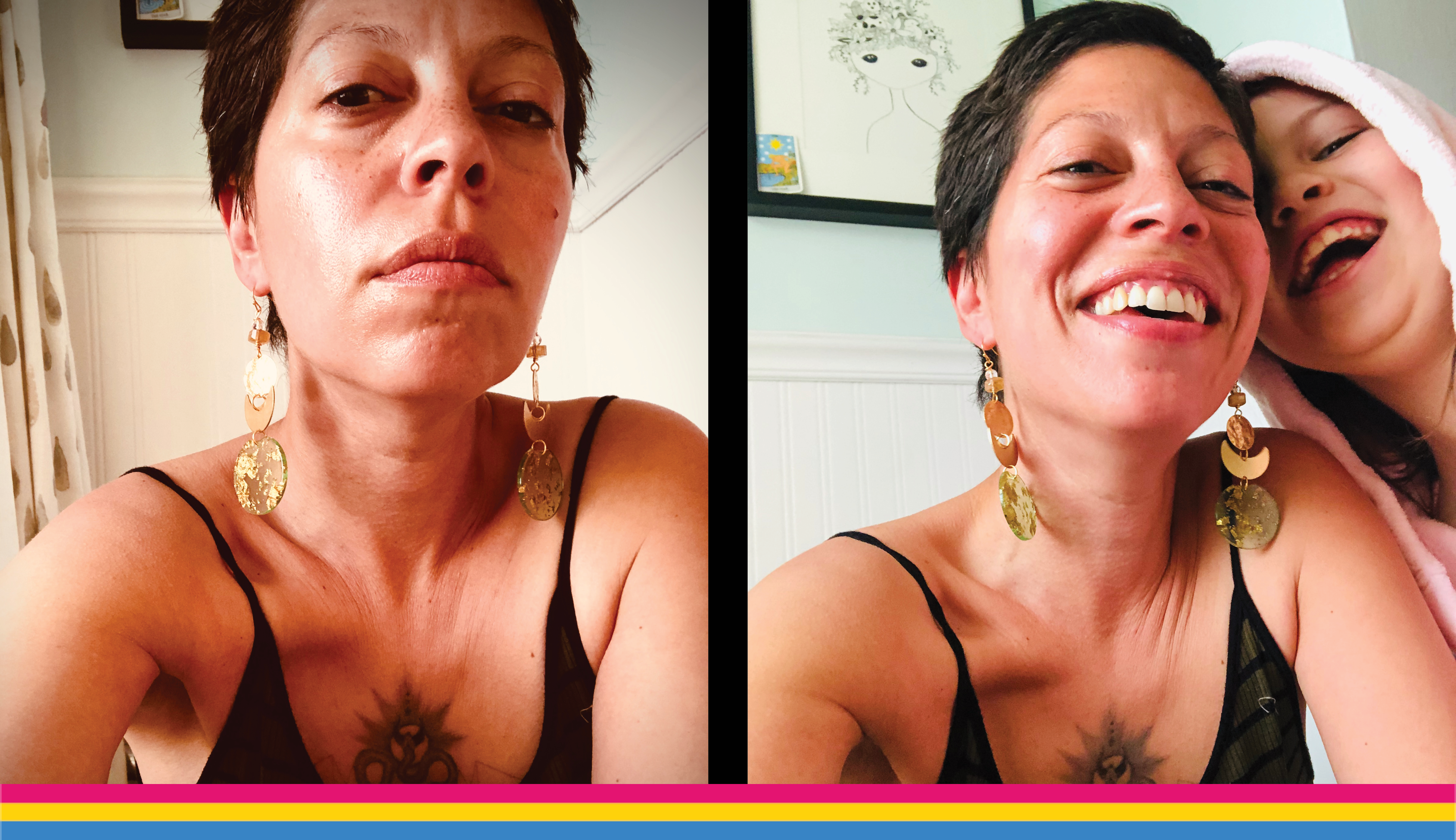 Two images arranged side-by-side in dyptich: To the left, Candida, a nonbinary Boriken-American person with short dark hair and long, magical earrings, looks stoically at the camera. To the right, Candida in the same pose, but smiling widely as their child photobombs the frame.