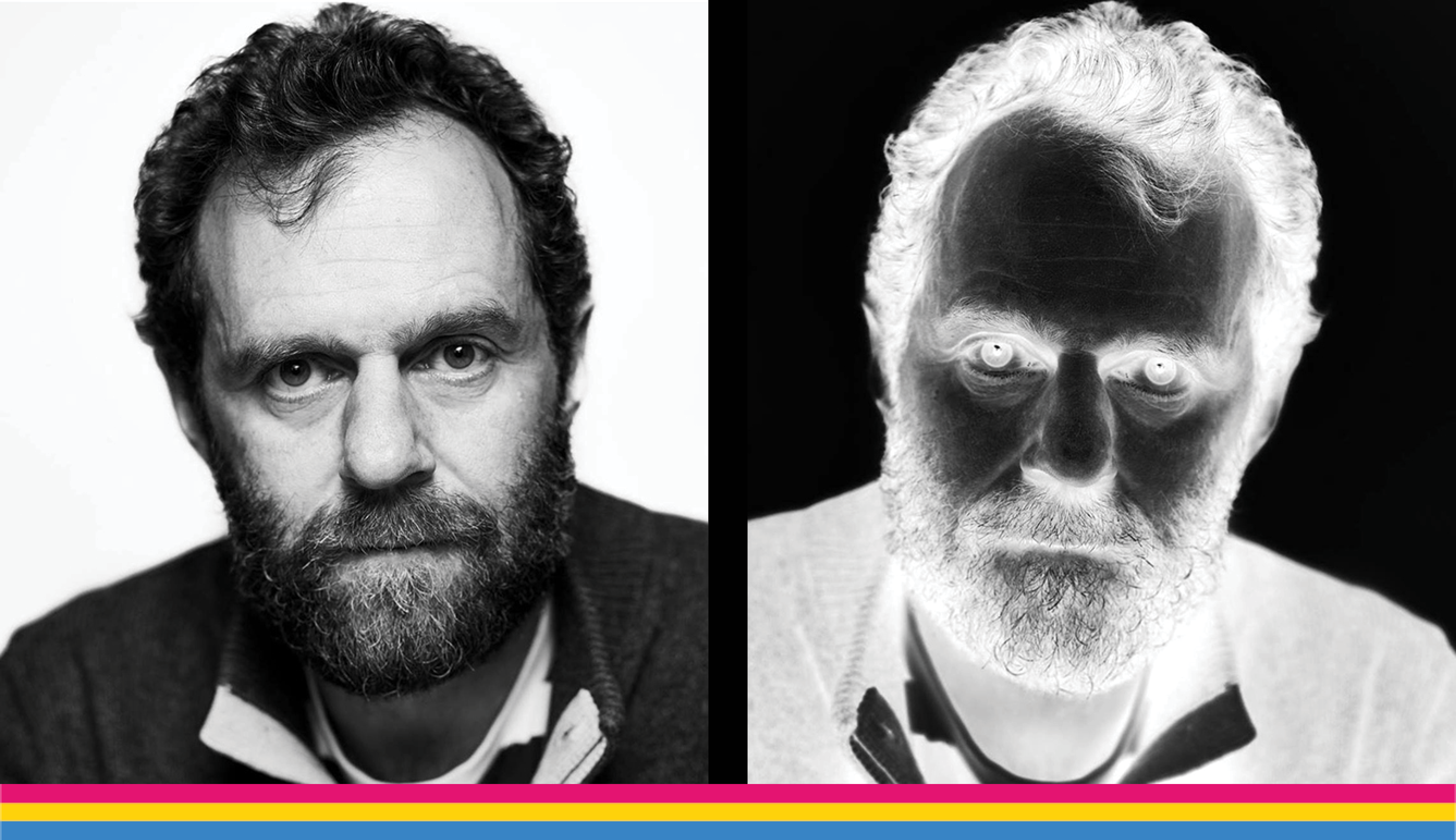 Two images arranged side-by-side in dyptich. To the left: A black & white photo of Dirk, a white German man with scruffy hair and beard and intense eyes, looks at the camera. On the right: the same image in negative. All the black parts now appear in white and vice versa. Self portrait courtesy of the artist.