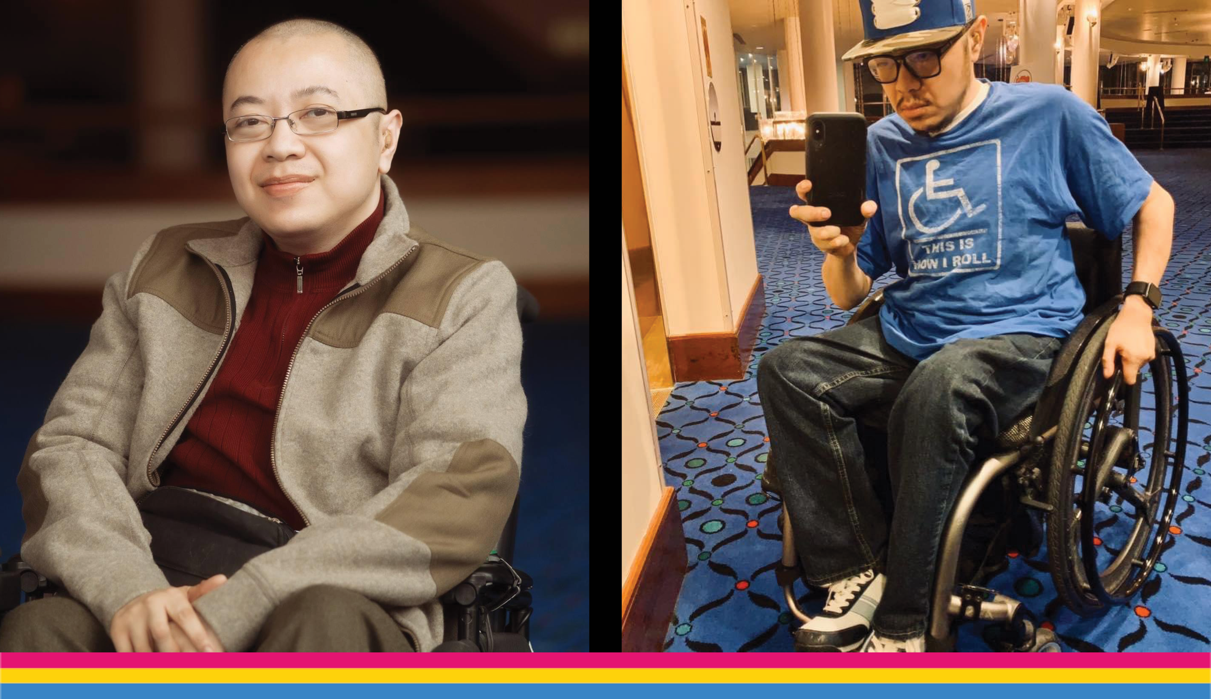 Two images arranged side-by-side in dyptich: To the left, Tommy, a bald bespeckled man, smiles slightly at the camera. To the right, Tommy takes a selfie of himself in his wheelchair wearing a "This is how I roll" t-shirt. 